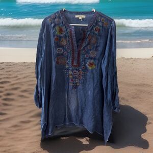 Andree by Unit Women L Embroidered Tunic Boho Top Roll Tap Long Sleeve y2k style